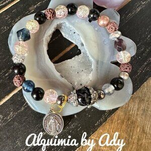 pink quartz  and silver beaded bracelet for women/protection and peace bracelet